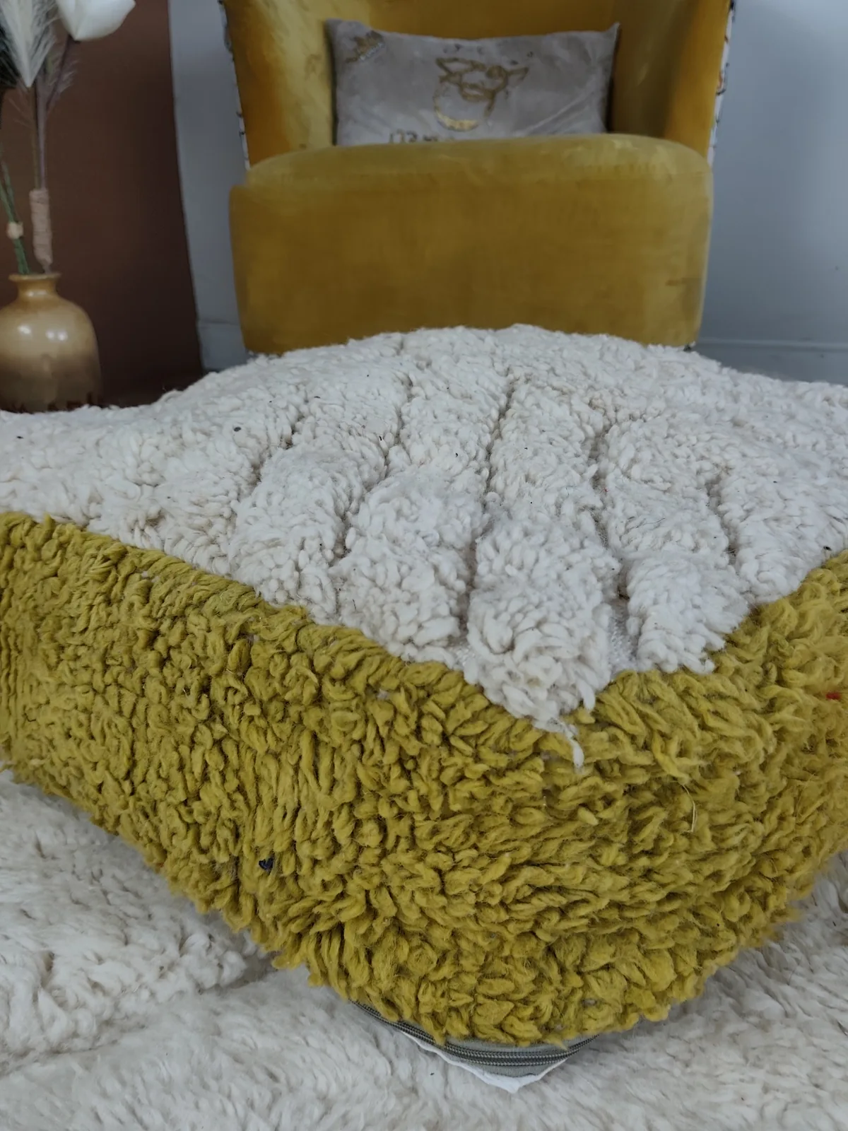 Ayour — mustard & ivory beni ourain pouf, close view of the wool texture, view 4 of 7