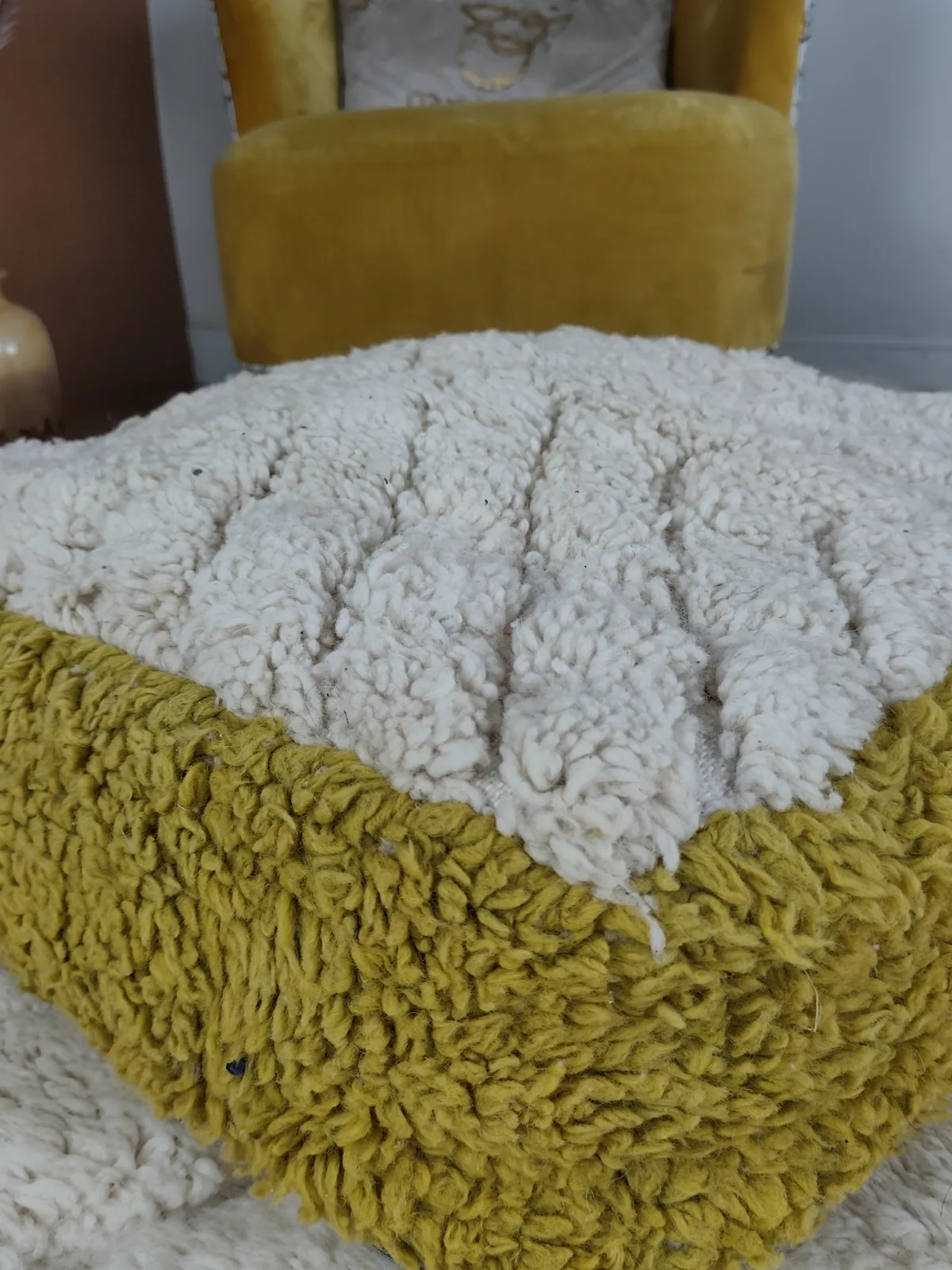 Ayour — mustard & ivory beni ourain pouf, corner detail, view 5 of 7