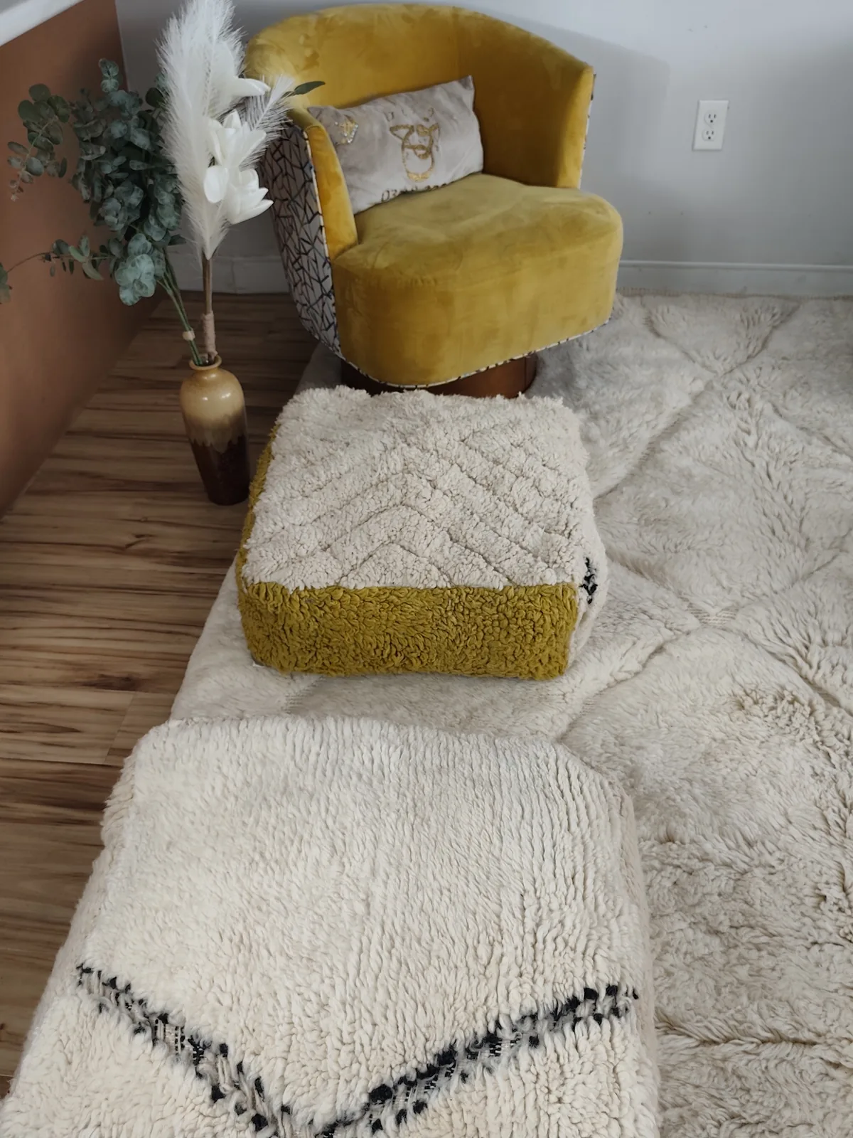 Ayour — mustard & ivory beni ourain pouf, in a room setting for scale, view 7 of 7
