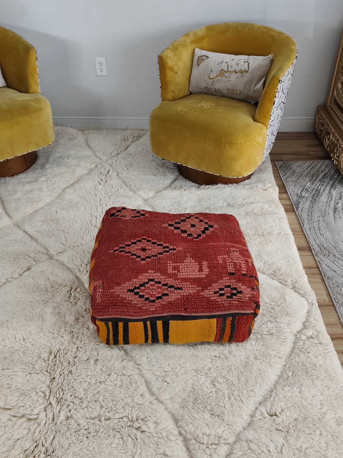Damya — coral stripe pouf, corner detail, view 5 of 7