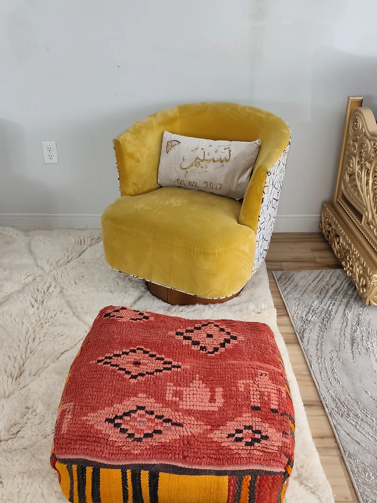 Damya — coral stripe pouf, in a room setting for scale, view 7 of 7