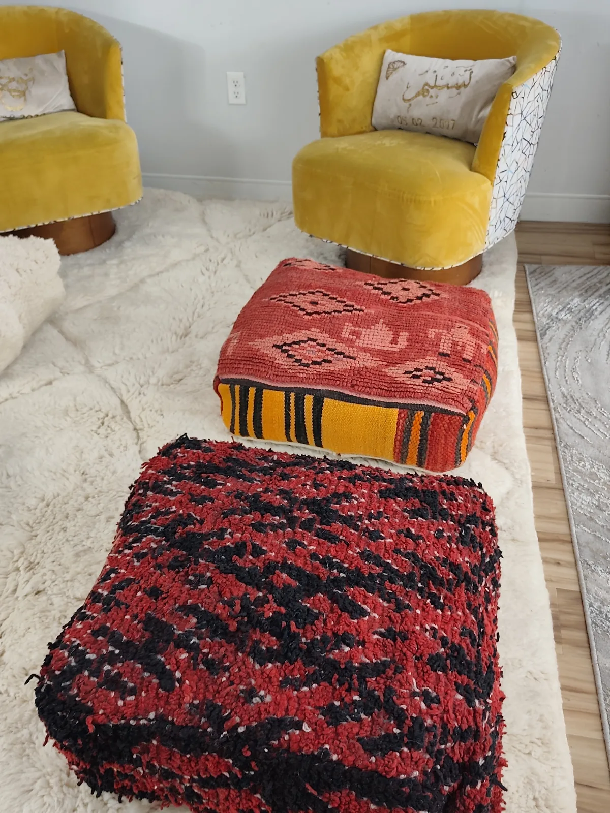 Kahina — red & black boucherouite pouf, corner detail, view 5 of 7