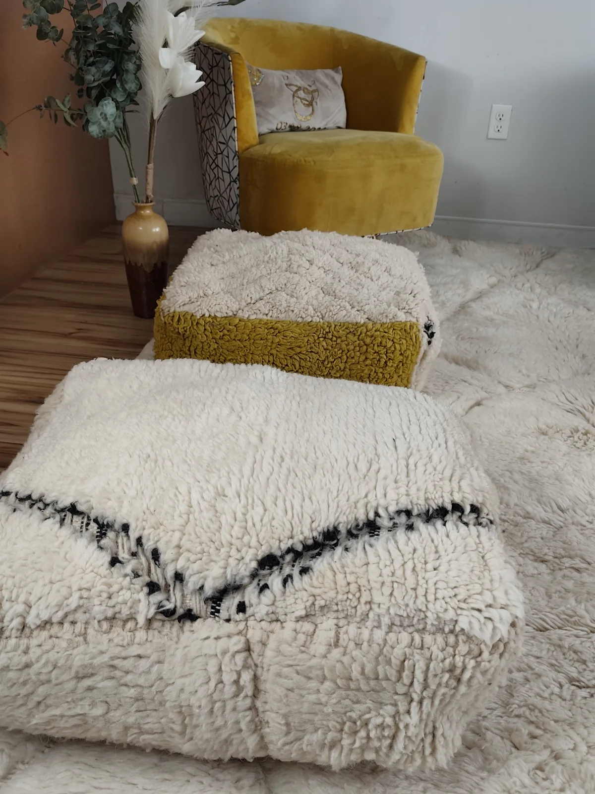 Massa — ivory chevron beni ourain pouf, angled view showing the depth of the pile, view 2 of 7