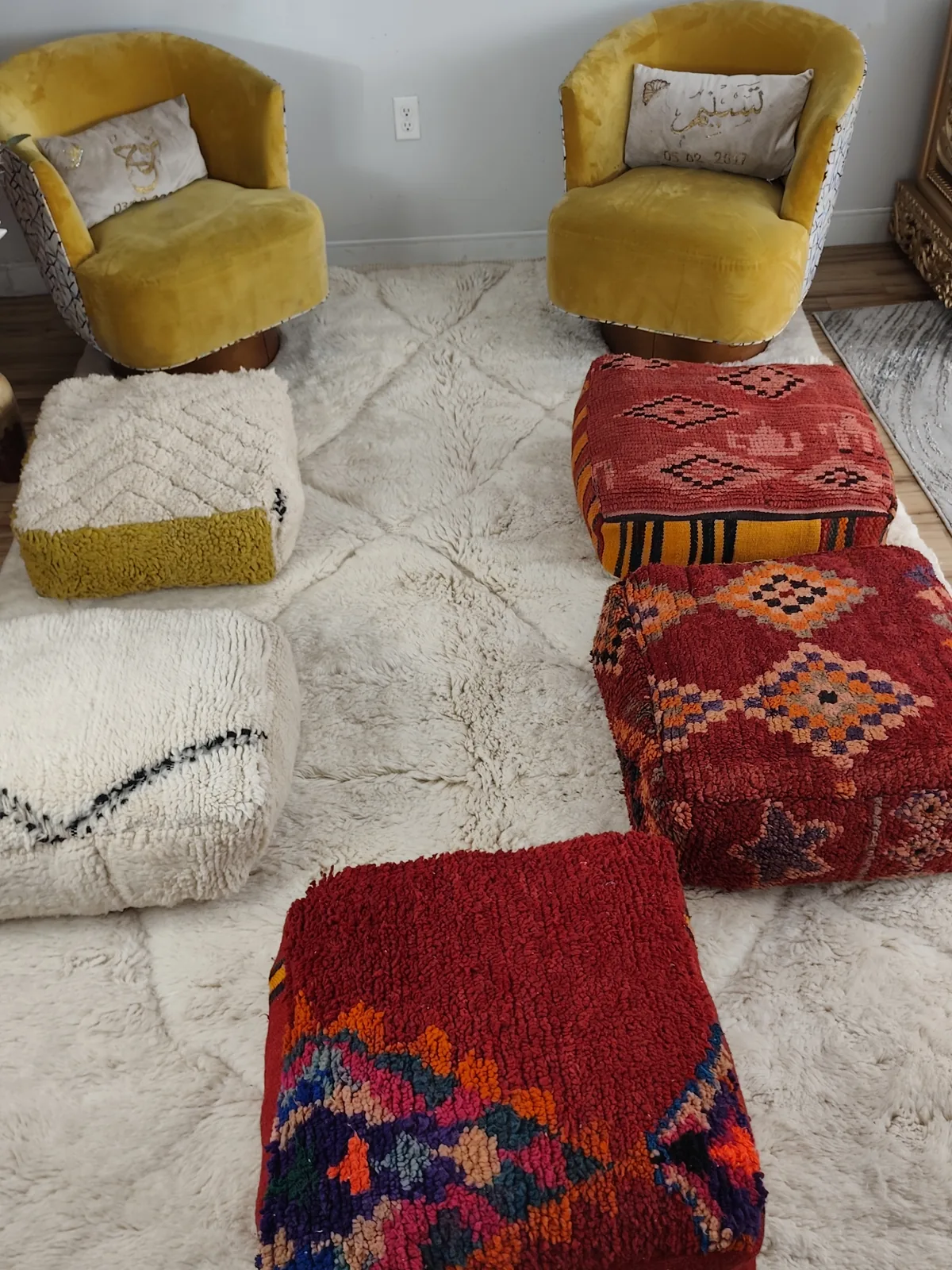 Taos — confetti diamond pouf, styled beside a mustard armchair, view 6 of 6